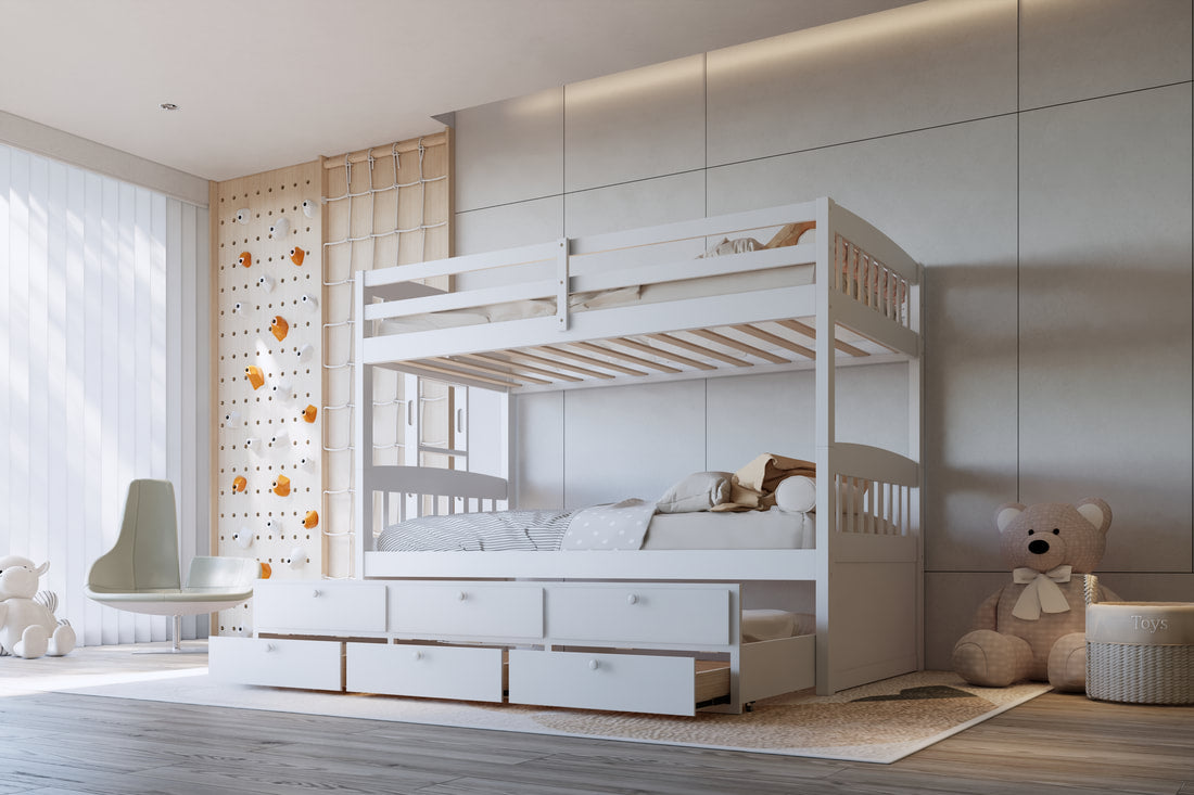 EMPIRE TWIN/TWIN Bunk Bed w/Twin Trundle + 3 Drawers White