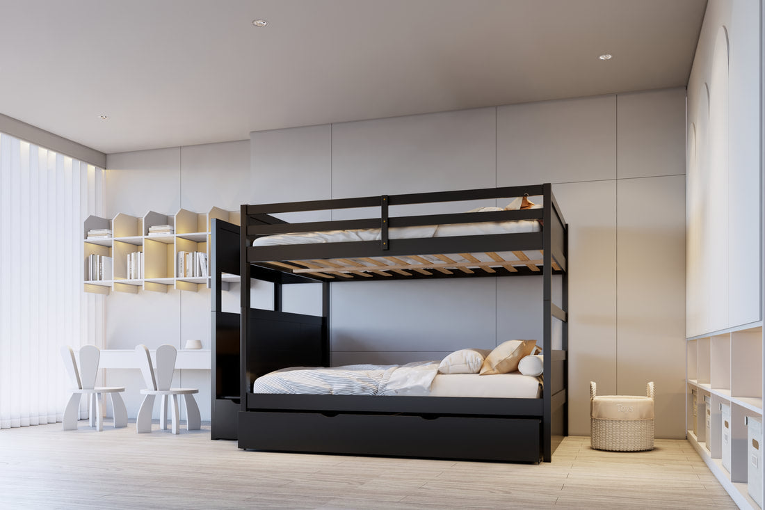EMPIRE BLACK FULL/FULL Bunk Bed w/Twin Trundle + Staircase Storage