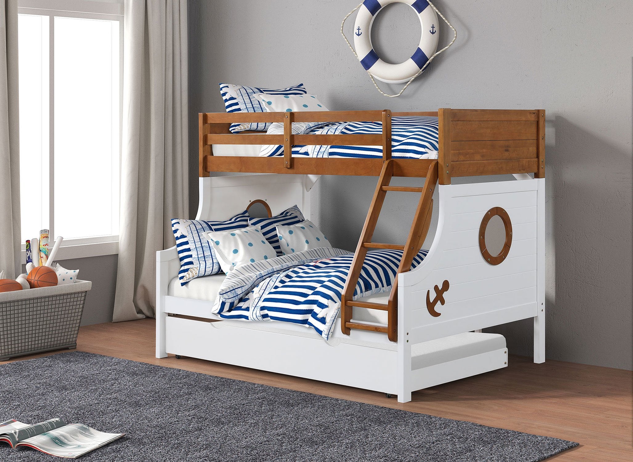 Nautia Twin over Full Bunk Bed (Blue/White) w/ Trundle