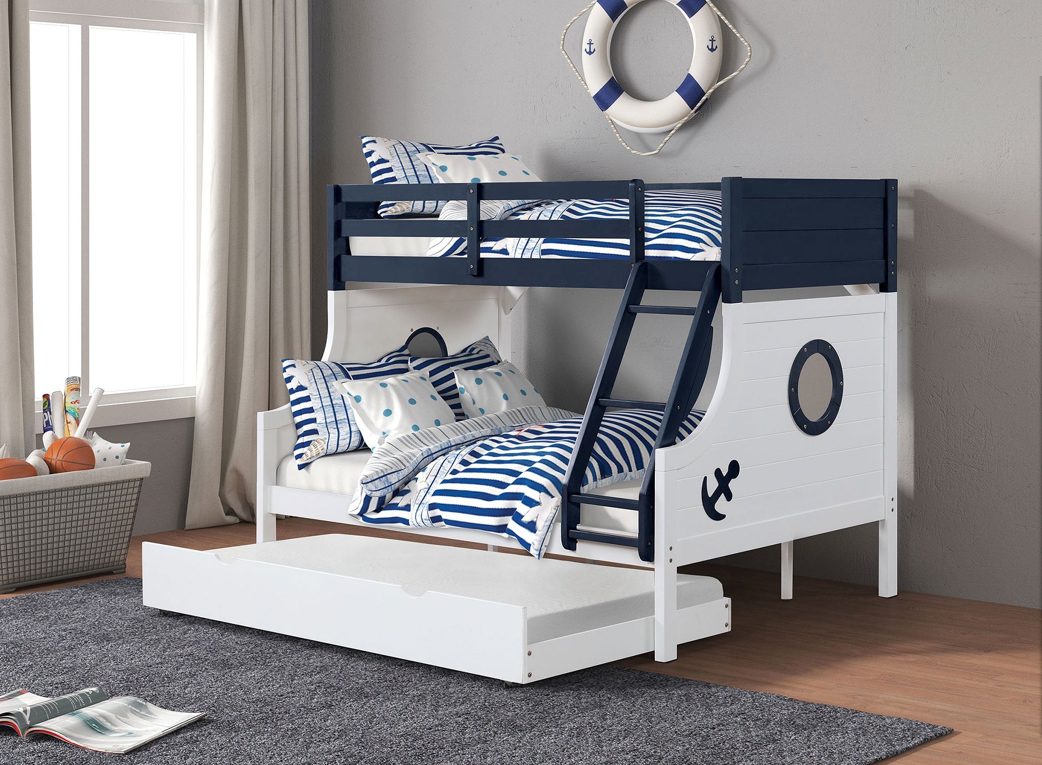 Nautia Twin over Full Bunk Bed (Blue/White) w/ Trundle